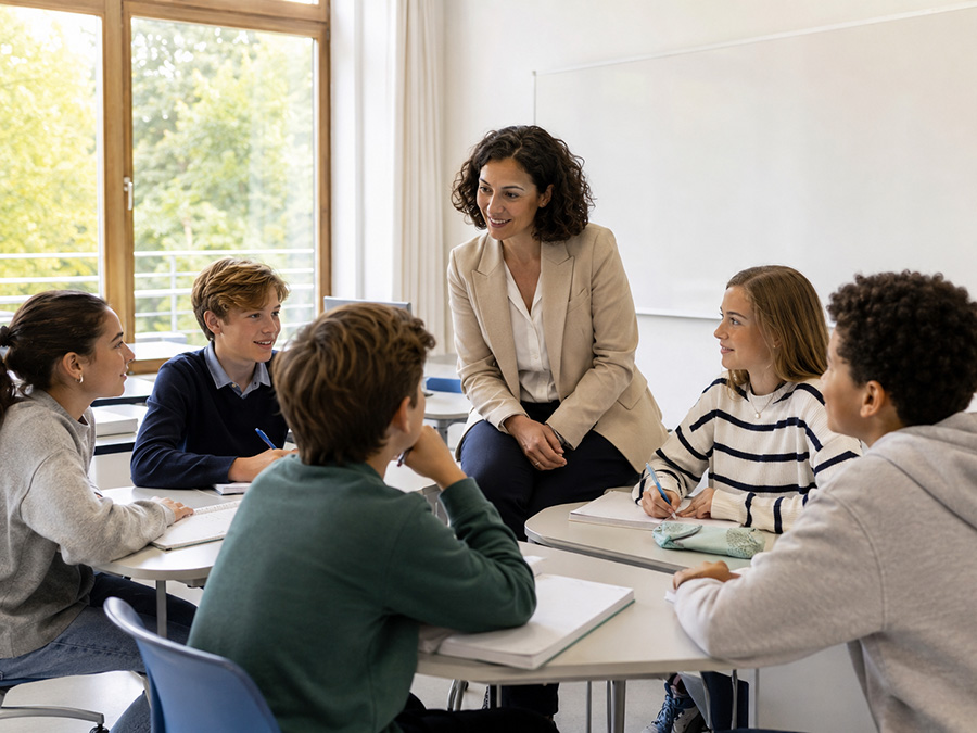 Lehrerin arbeitet mit einer kleinen Schülergruppe.
